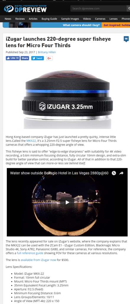 DigitalPhotographyReview_iZugar launches 220 degree super fisheye lens for Micro Four Thirds